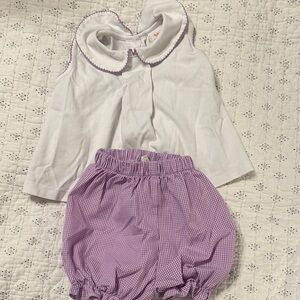 Girls' White Top with Lavender Trim & Lavender Gingham Bubble Shorts Set